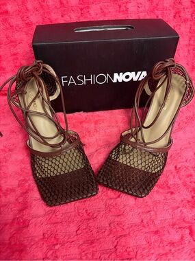 Fashion Nova New Me Brown Fishnet Lace Up Heels Size 8.5